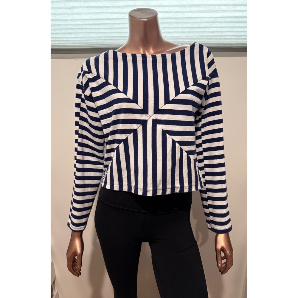 Christopher John Rogers J.Crew Striped Cropped LS Shirt Top Navy White Preppy/S